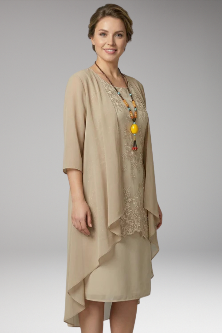 Women's Knee'Length Dress with Lace and Sheer Overlay