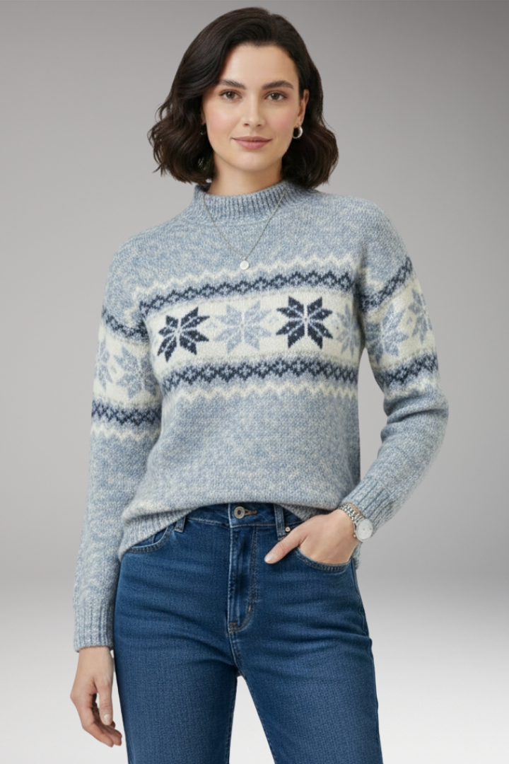 Women's Knit Sweater with Stand Collar and Patterned Surface