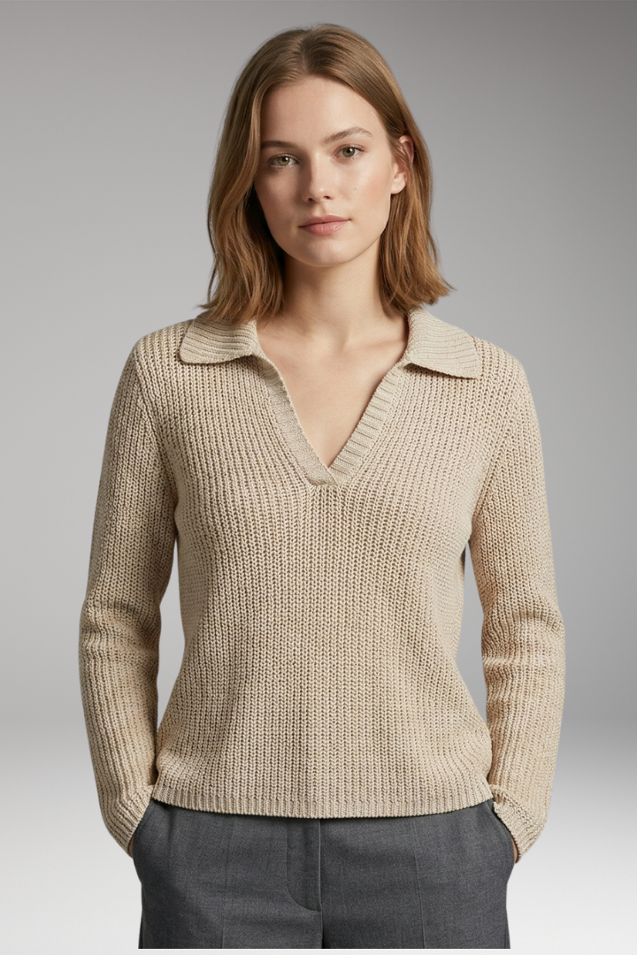 Women's Knit Top with V-Neck and Long Sleeves