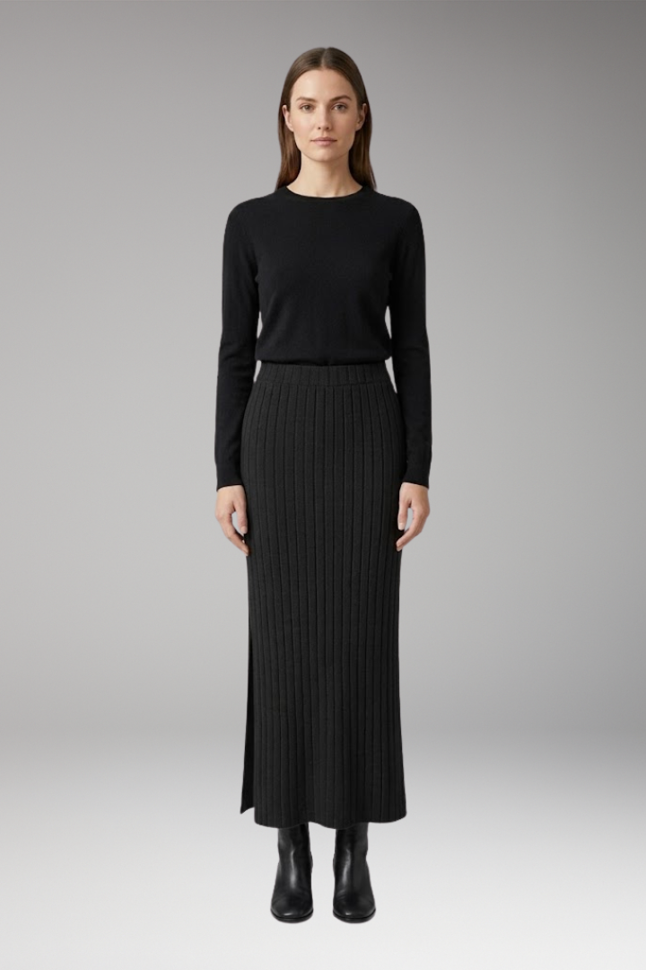 Women's Knitted Maxi Skirt with Ribbed Texture and Side Slit