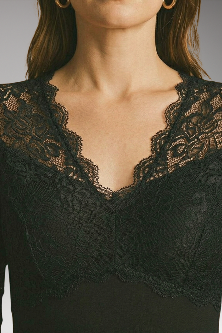 Women's Lace Blouse with V-Neck and Long Sleeves