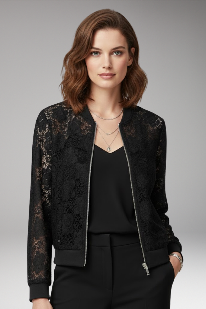 Women's Lace Bomber Jacket with Zip and Elastic Cuffs