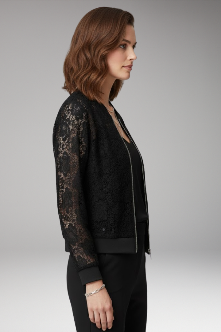 Women's Lace Bomber Jacket with Zip and Elastic Cuffs