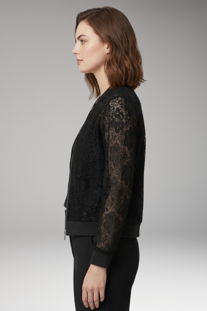 Women's Lace Bomber Jacket with Zip and Elastic Cuffs