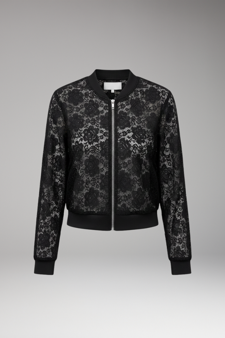 Women's Lace Bomber Jacket with Zip and Elastic Cuffs