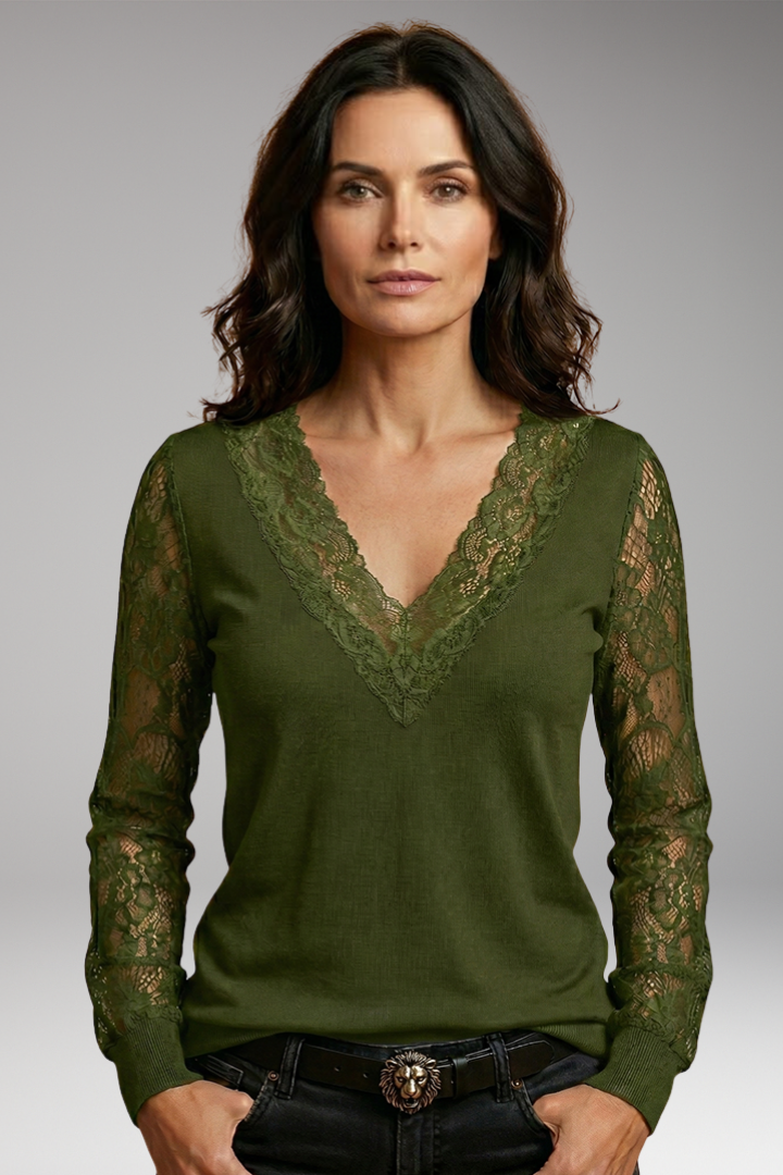 Women's Lace Sleeve Blouse with V-Neck and Flattering Regular Fit
