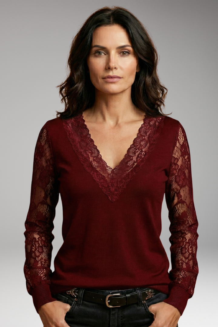 Women's Lace Sleeve Blouse with V-Neck and Flattering Regular Fit