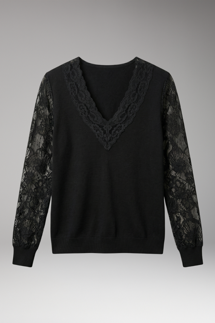 Women's Lace Sleeve Blouse with V-Neck and Flattering Regular Fit