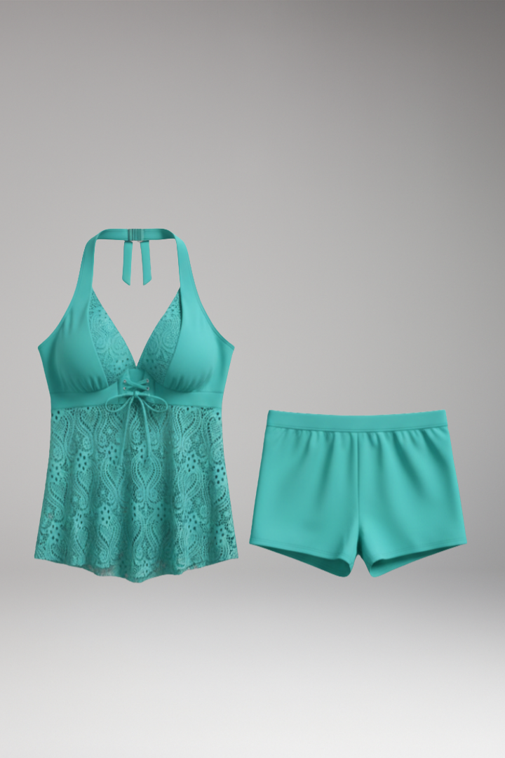 Women's Lace Tankini Set with Halter Neck and High-Waisted Shorts