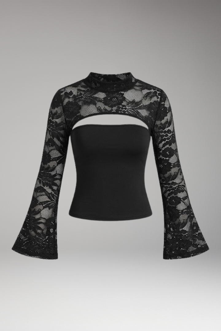 Women's Lace Top with Cut-Out Detail and Wide Sleeves