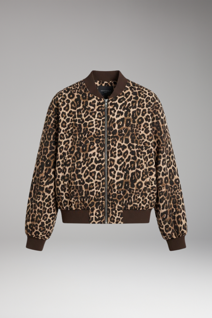 Women's Leopard Print Bomber Jacket with Zip Closure