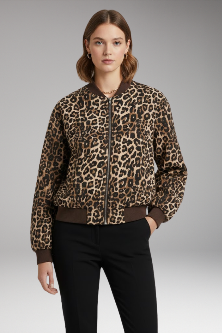 Women's Leopard Print Bomber Jacket with Zip Closure