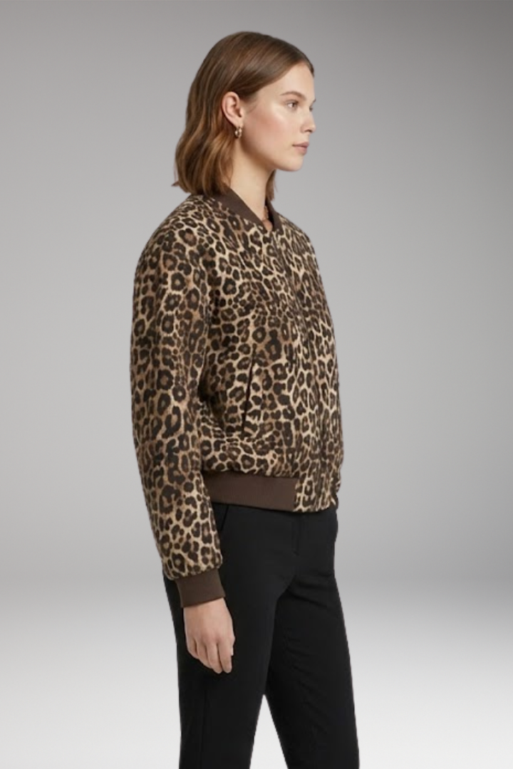 Women's Leopard Print Bomber Jacket with Zip Closure