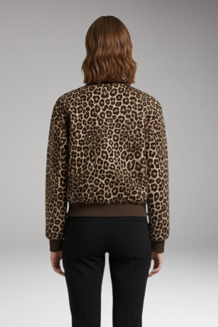Women's Leopard Print Bomber Jacket with Zip Closure