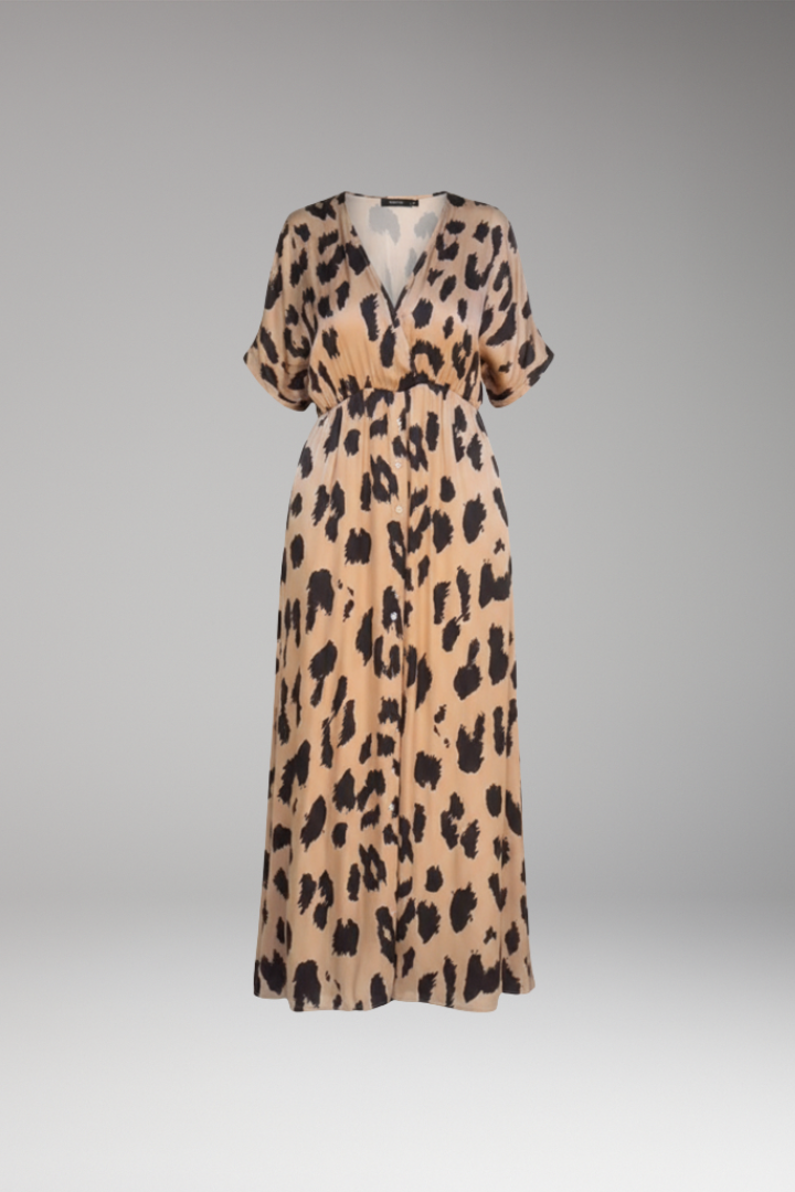 Women's Leopard Print Dress with V-Neck and Extra Wide Skirt