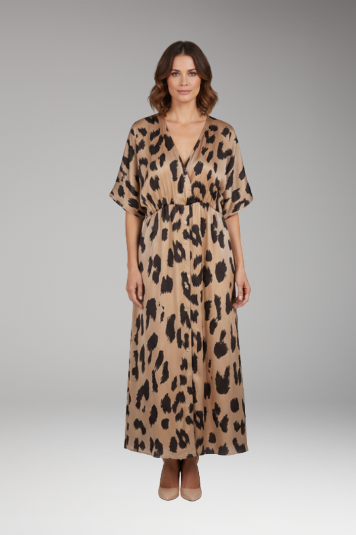 Women's Leopard Print Dress with V-Neck and Extra Wide Skirt