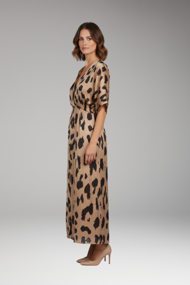 Women's Leopard Print Dress with V-Neck and Extra Wide Skirt