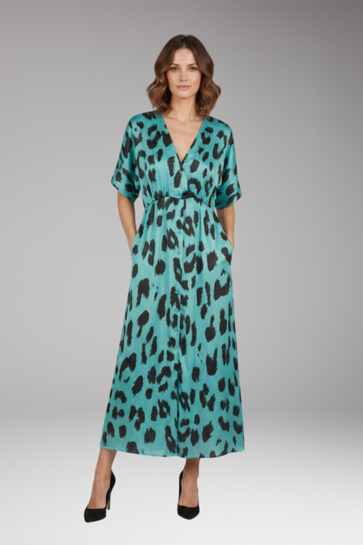 Women's Leopard Print Dress with V-Neck and Extra Wide Skirt