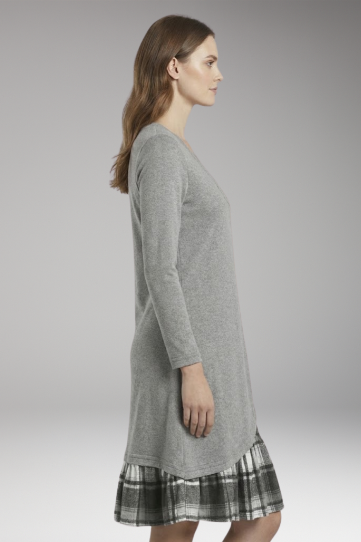 Women's Long-Sleeved Plaid Dress with High Collar and A-Line Skirt