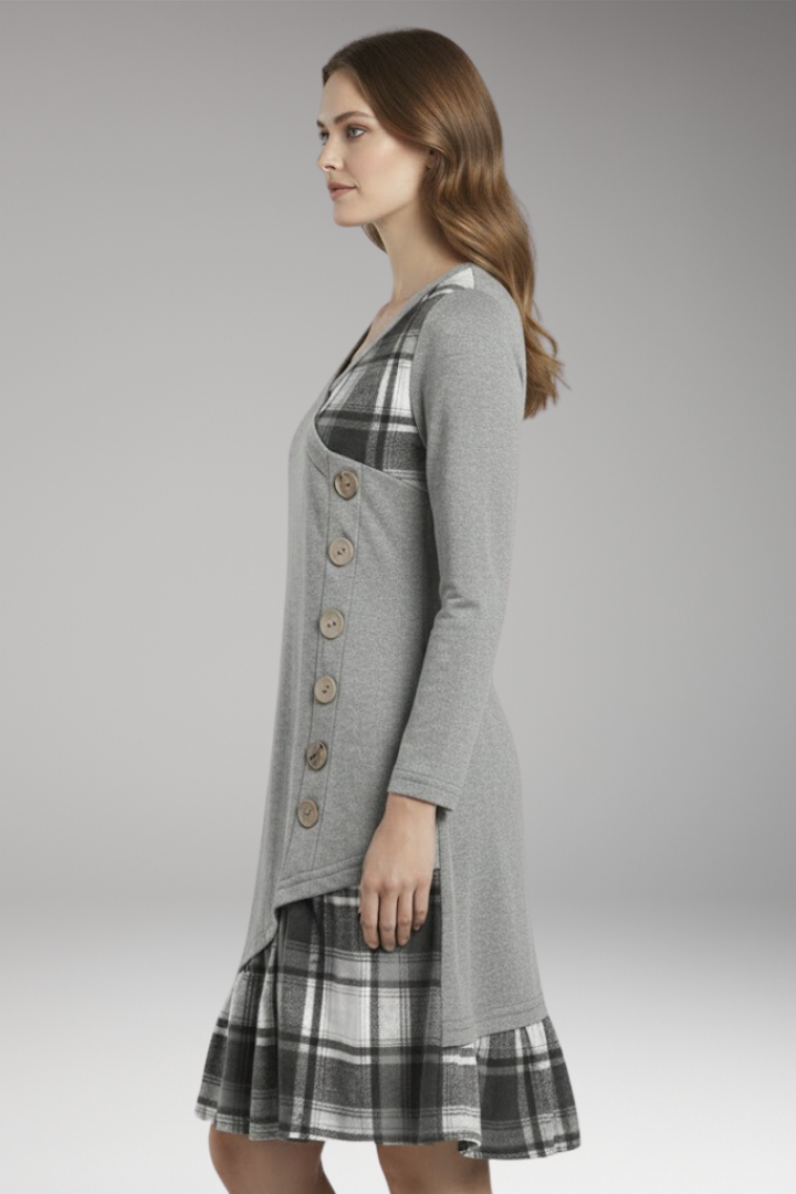 Women's Long-Sleeved Plaid Dress with High Collar and A-Line Skirt