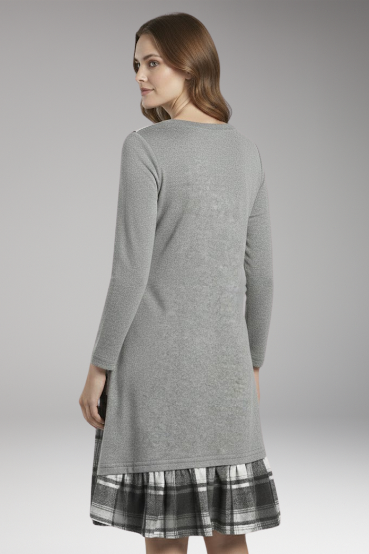 Women's Long-Sleeved Plaid Dress with High Collar and A-Line Skirt