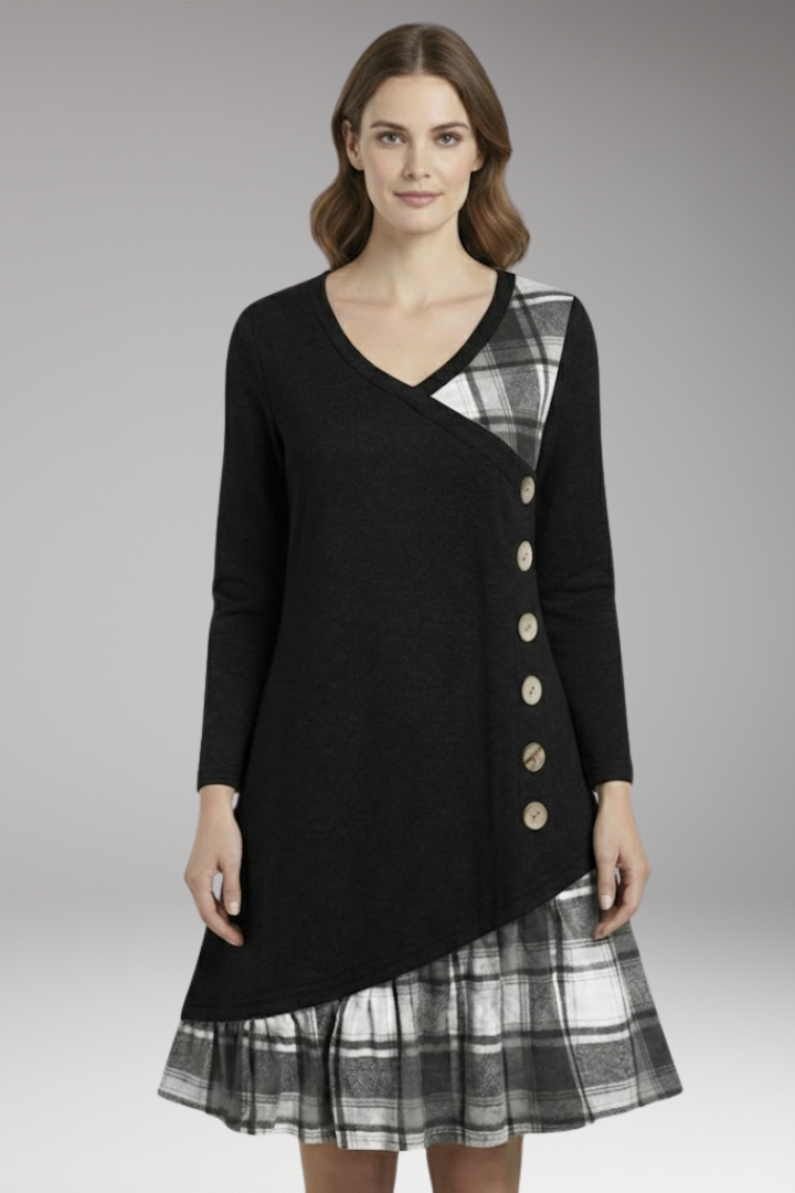 Women's Long-Sleeved Plaid Dress with High Collar and A-Line Skirt