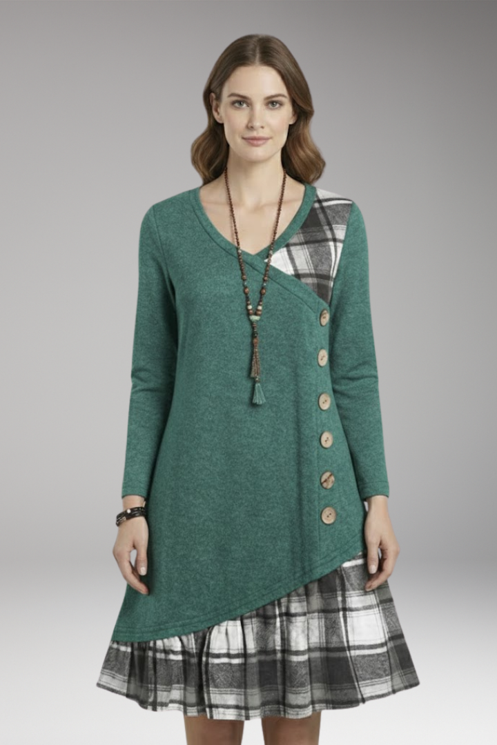 Women's Long-Sleeved Plaid Dress with High Collar and A-Line Skirt