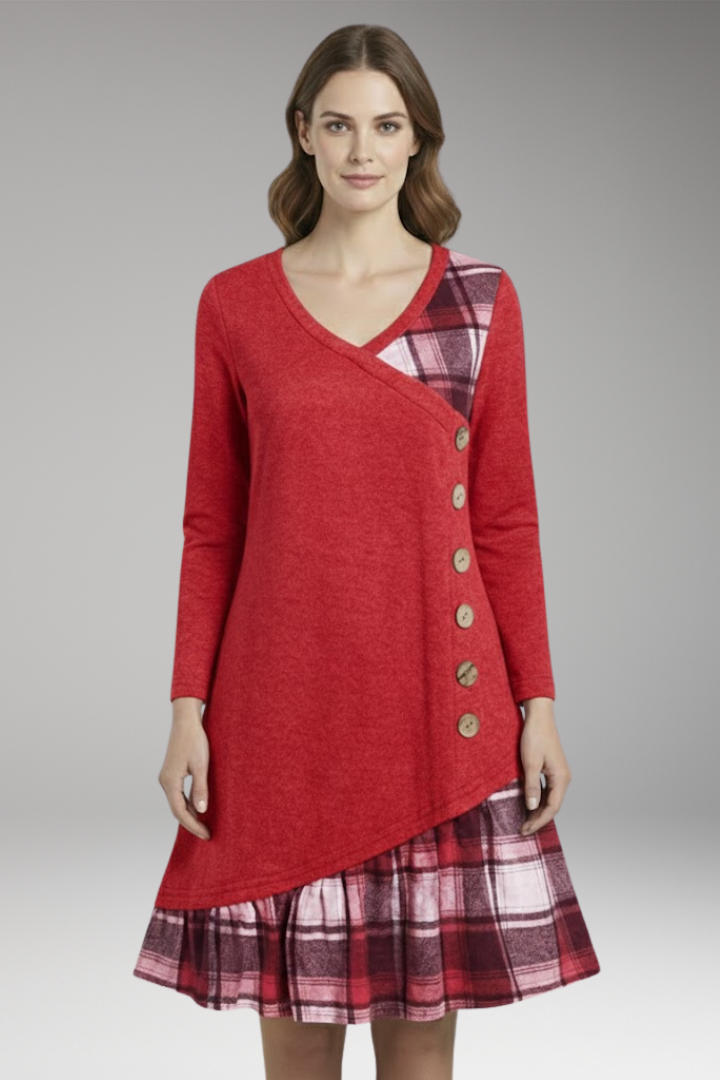 Women's Long-Sleeved Plaid Dress with High Collar and A-Line Skirt