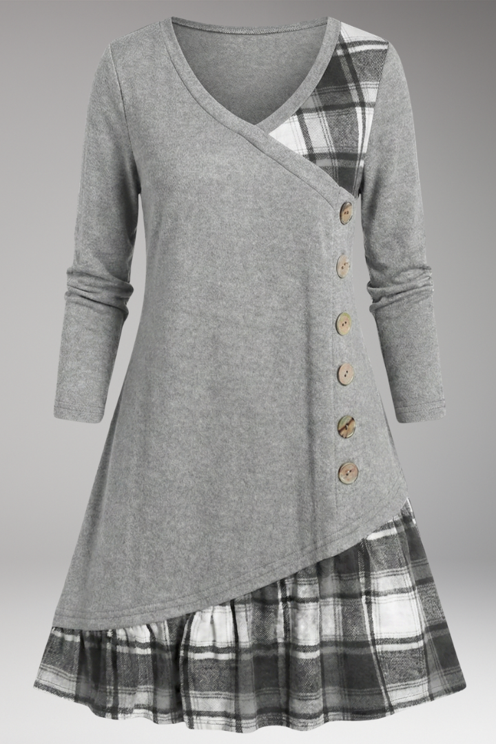 Women's Long-Sleeved Plaid Dress with High Collar and A-Line Skirt
