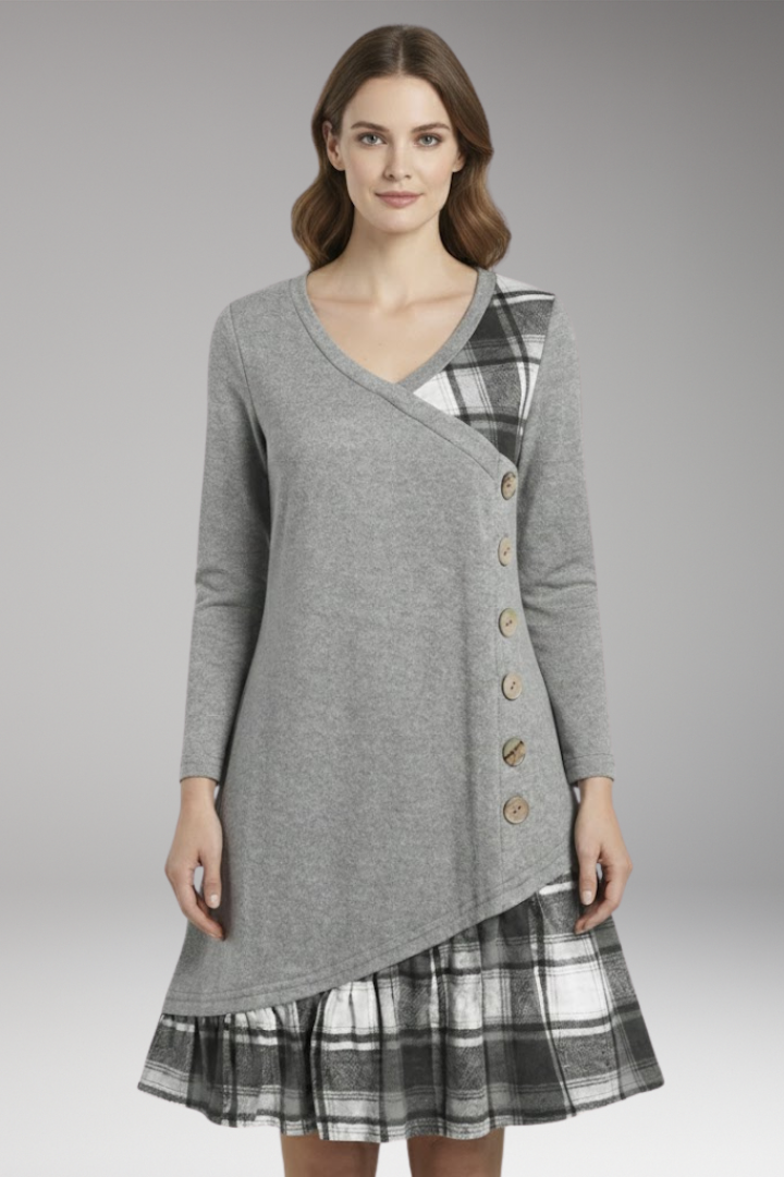 Women's Long-Sleeved Plaid Dress with High Collar and A-Line Skirt