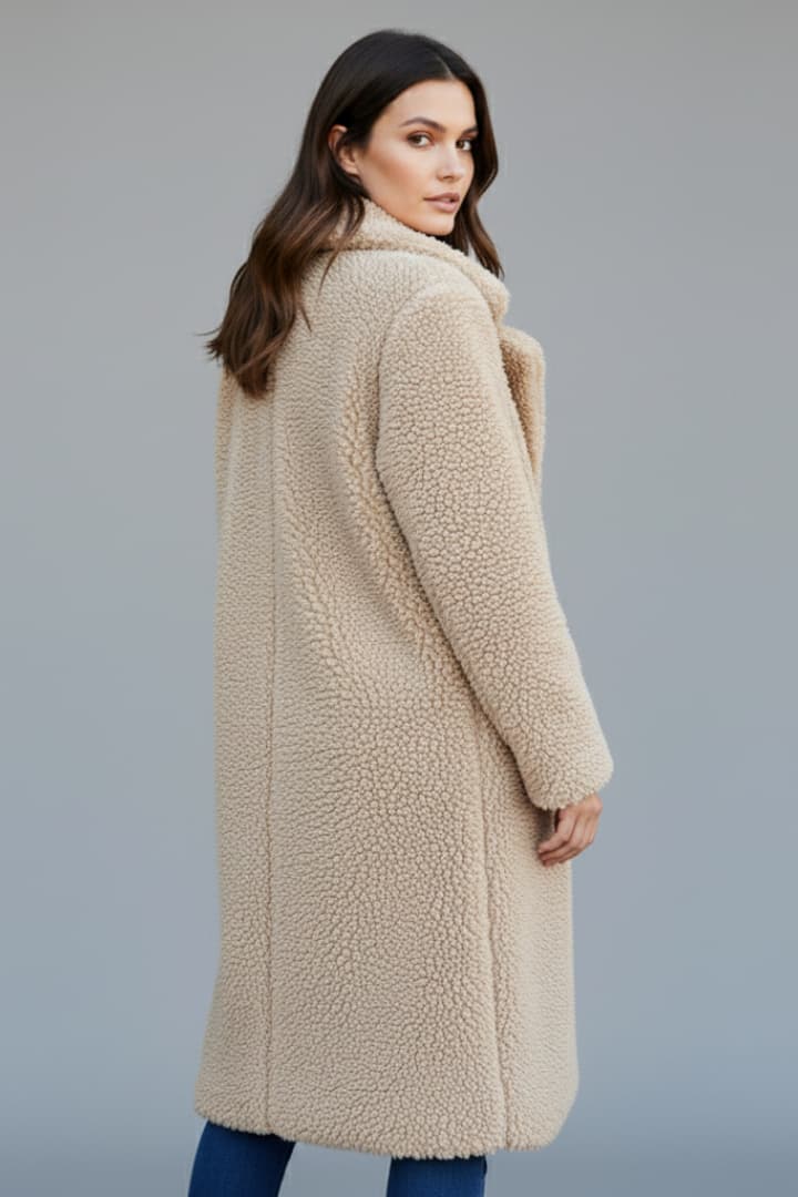Women’s Long Coat with Lapel Collar and Textured Surface
