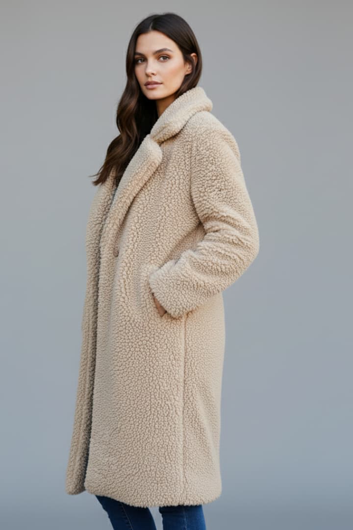 Women’s Long Coat with Lapel Collar and Textured Surface