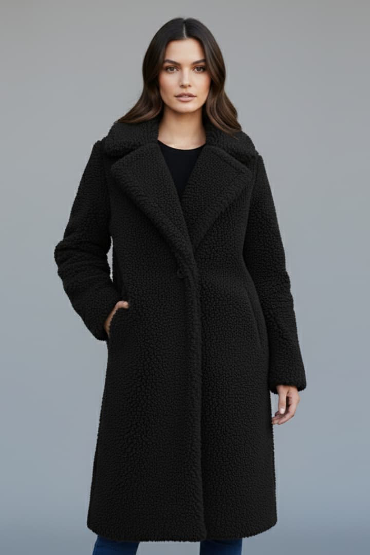 Women’s Long Coat with Lapel Collar and Textured Surface