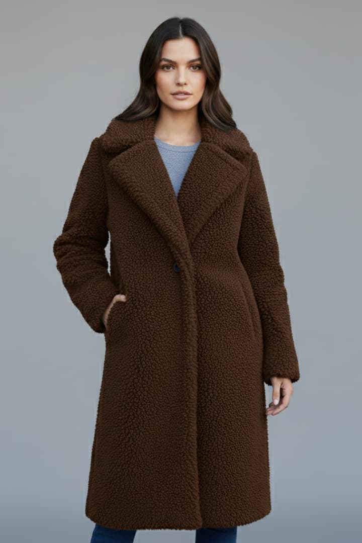 Women’s Long Coat with Lapel Collar and Textured Surface