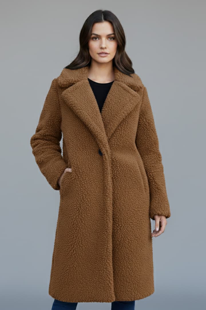 Women’s Long Coat with Lapel Collar and Textured Surface