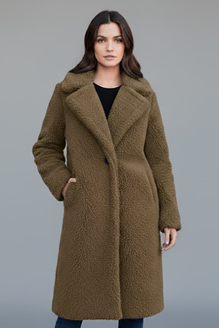 Women’s Long Coat with Lapel Collar and Textured Surface