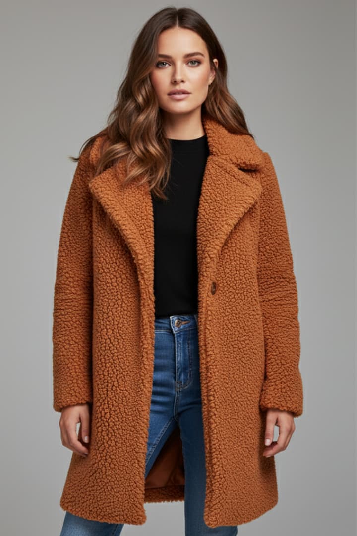 Women’s Long Coat with Lapel Collar and Textured Surface