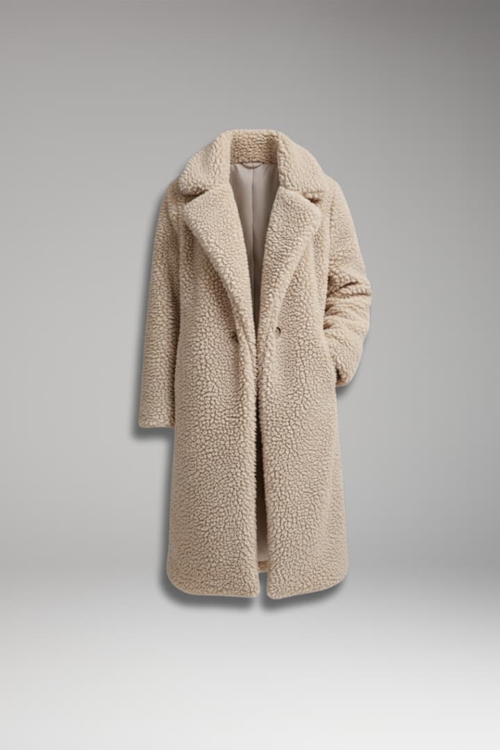 Women’s Long Coat with Lapel Collar and Textured Surface