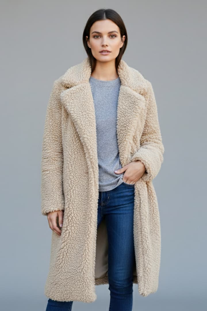 Women’s Long Coat with Lapel Collar and Textured Surface