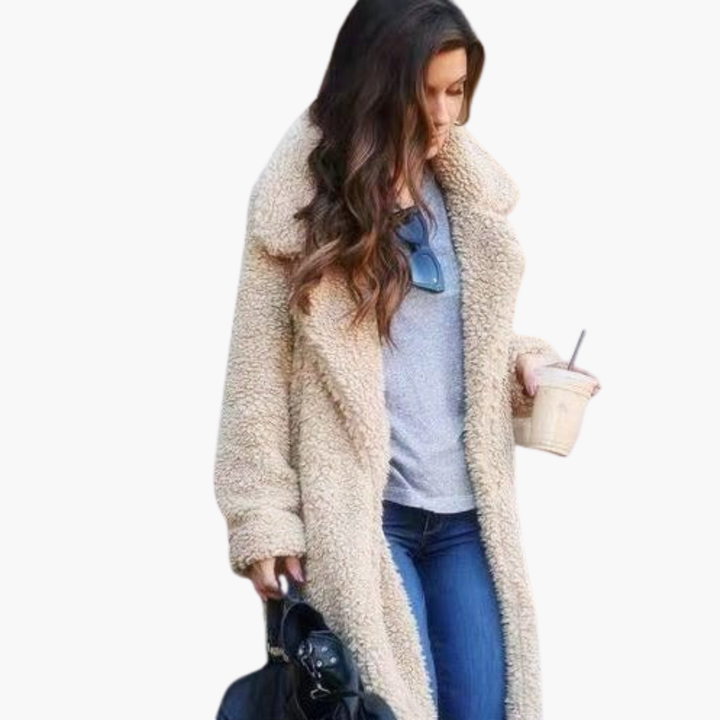 Women’s Long Coat with Lapel Collar and Textured Finish