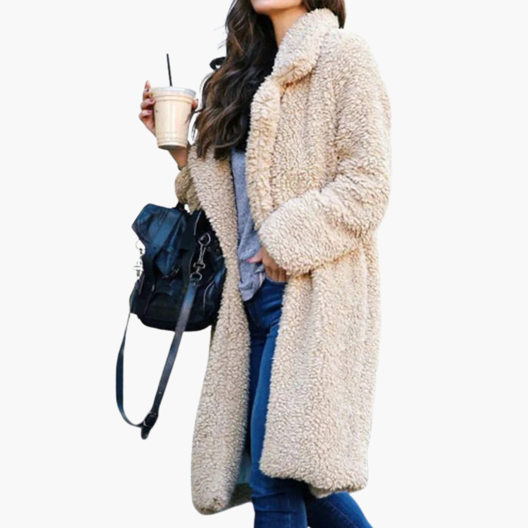 Women’s Long Coat with Lapel Collar and Textured Finish