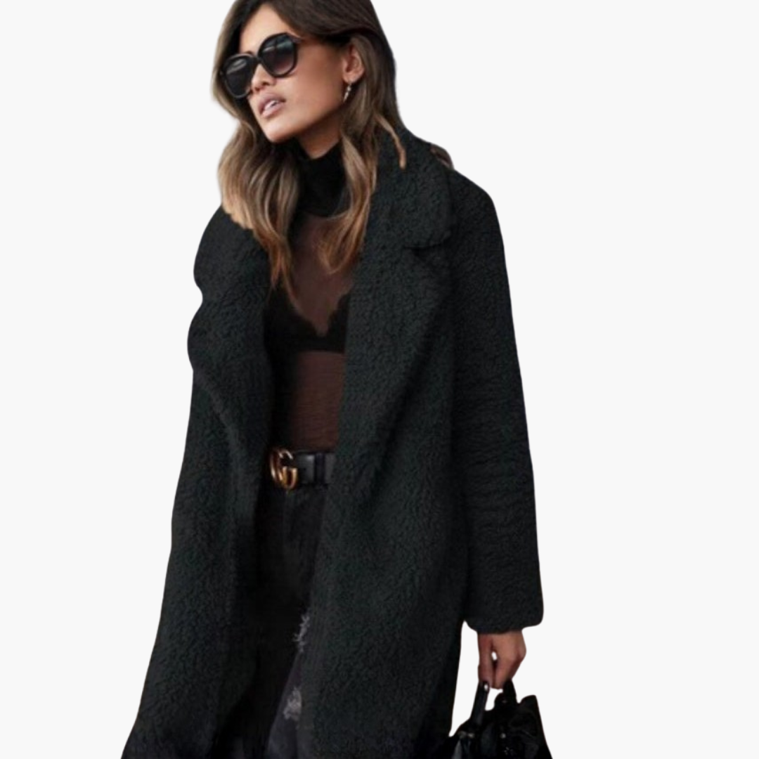 Women’s Long Coat with Lapel Collar and Textured Finish