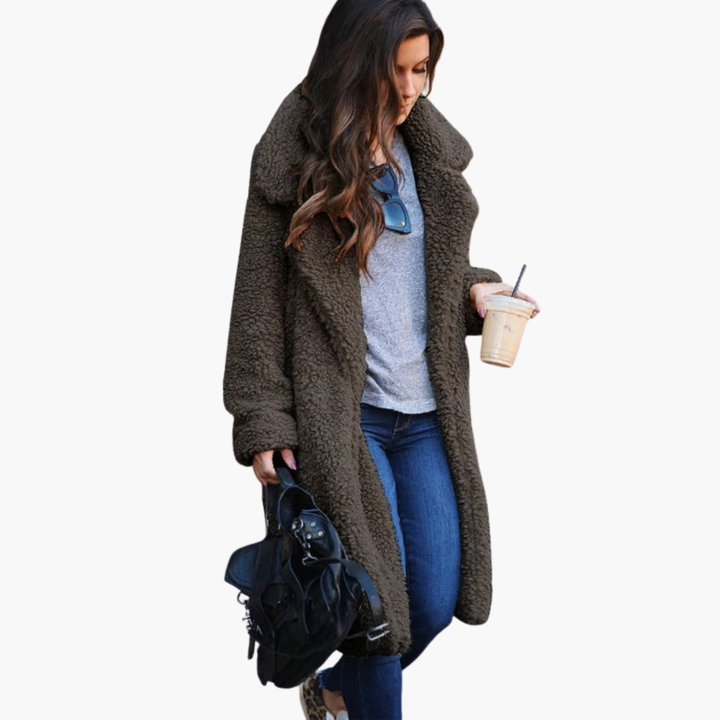 Women’s Long Coat with Lapel Collar and Textured Finish