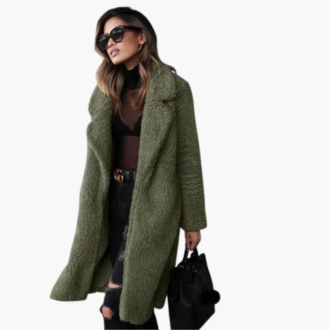 Women’s Long Coat with Lapel Collar and Textured Finish