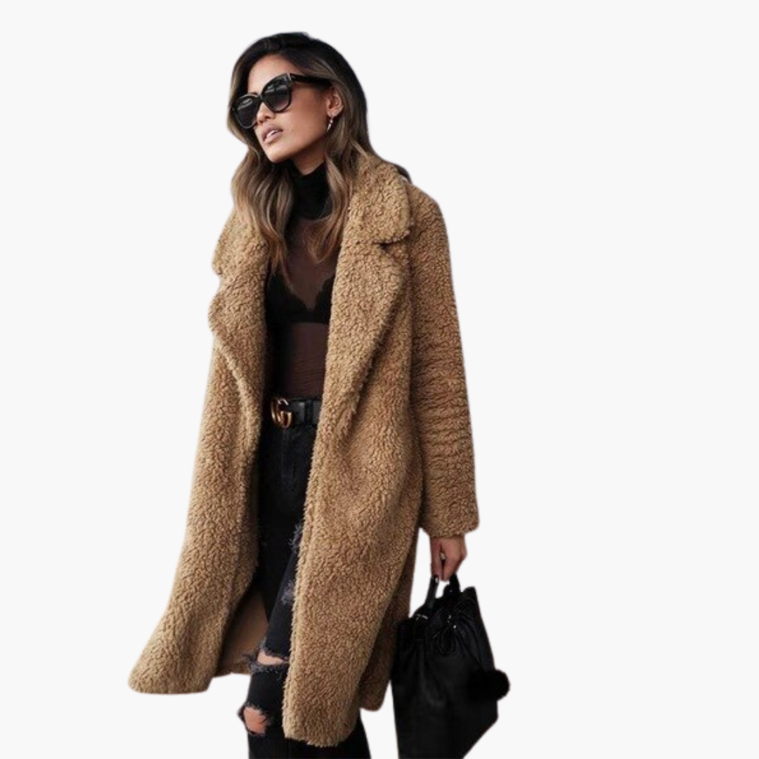 Women’s Long Coat with Lapel Collar and Textured Finish