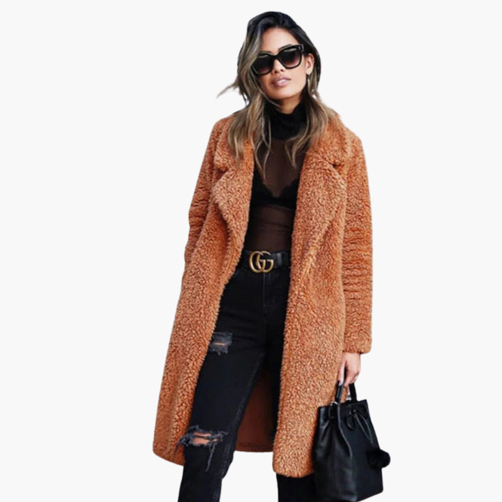 Women’s Long Coat with Lapel Collar and Textured Finish