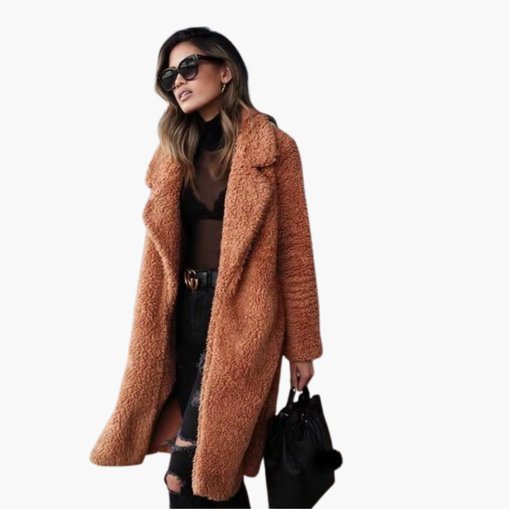 Women’s Long Coat with Lapel Collar and Textured Finish