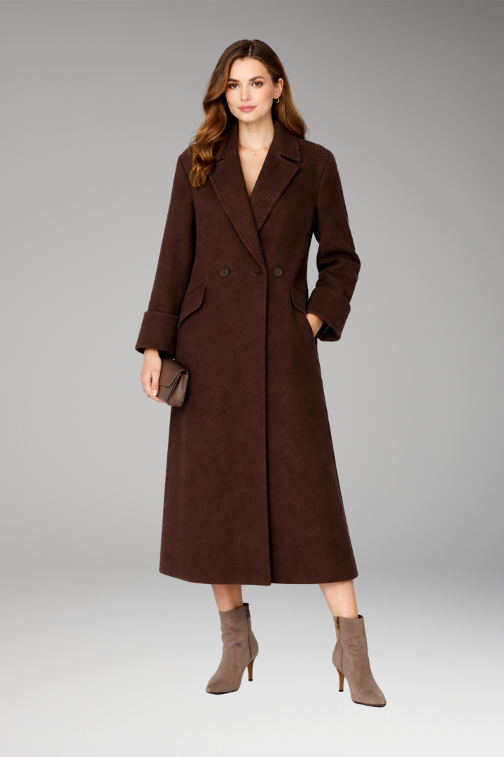 Women's Long Coat with Notched Collar and Button Closure