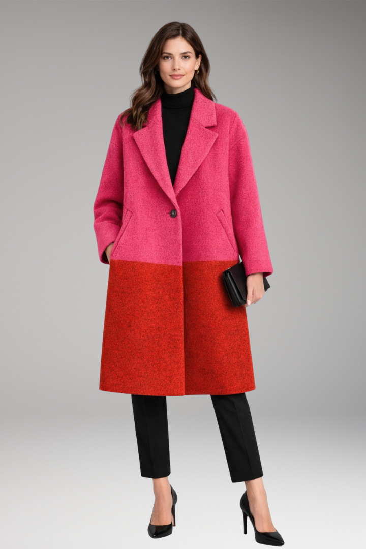 Women's Long Coat with Notched Collar and Side Pockets