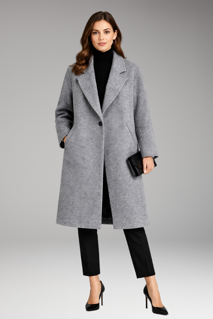 Women's Long Coat with Notched Collar and Side Pockets